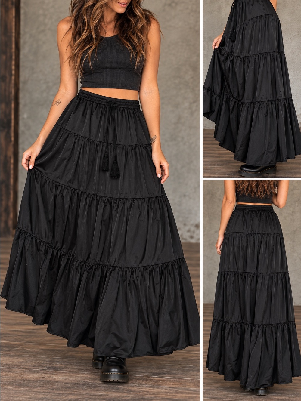 Rhea Black Tiered Maxi Skirt – S/M